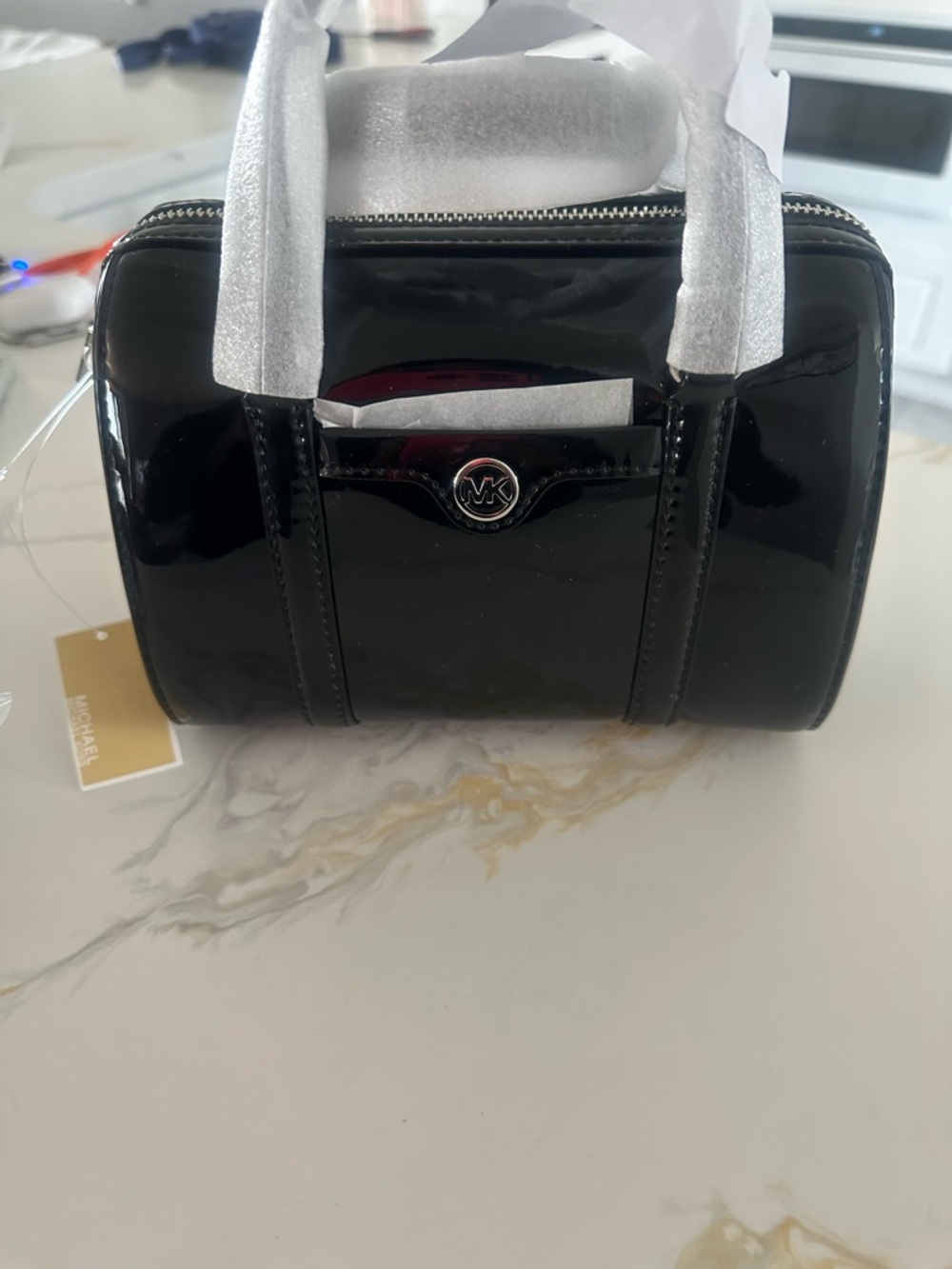 Michael Kors Black Patent Duffel Bag with MK Logo - Picture 2 of 2